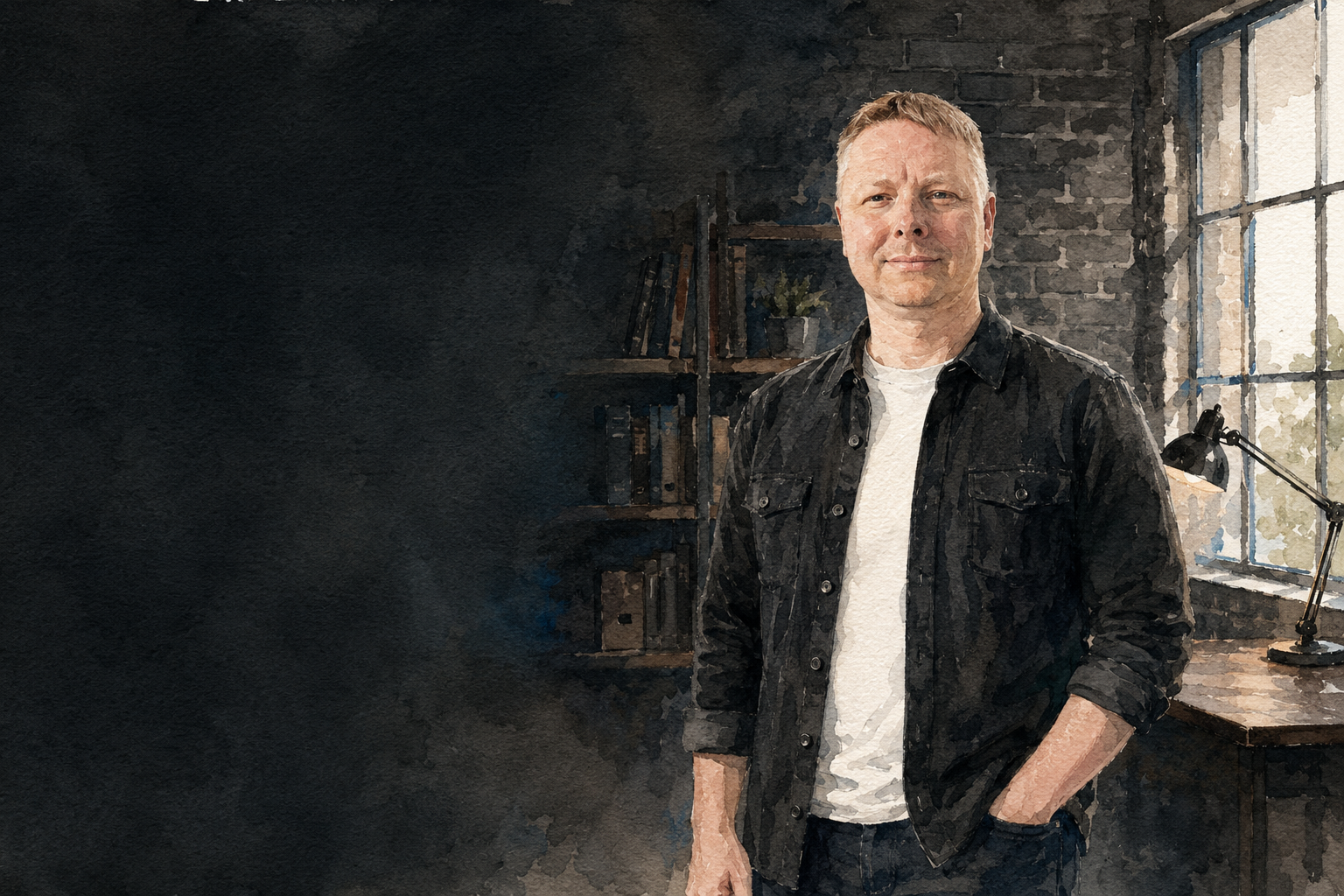 Watercolor portrait of Adrian Osman in a creative studio